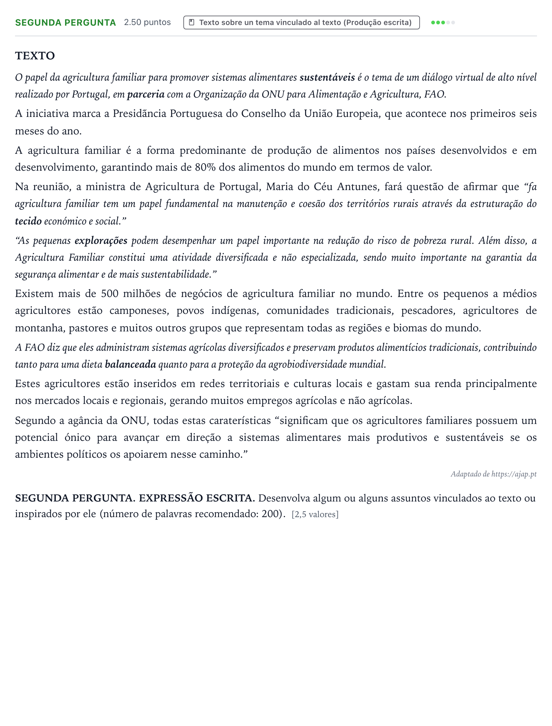 Enunciado: Ejercicio Segunda pergunta · Portugués PAU Galicia Ordinaria 2025