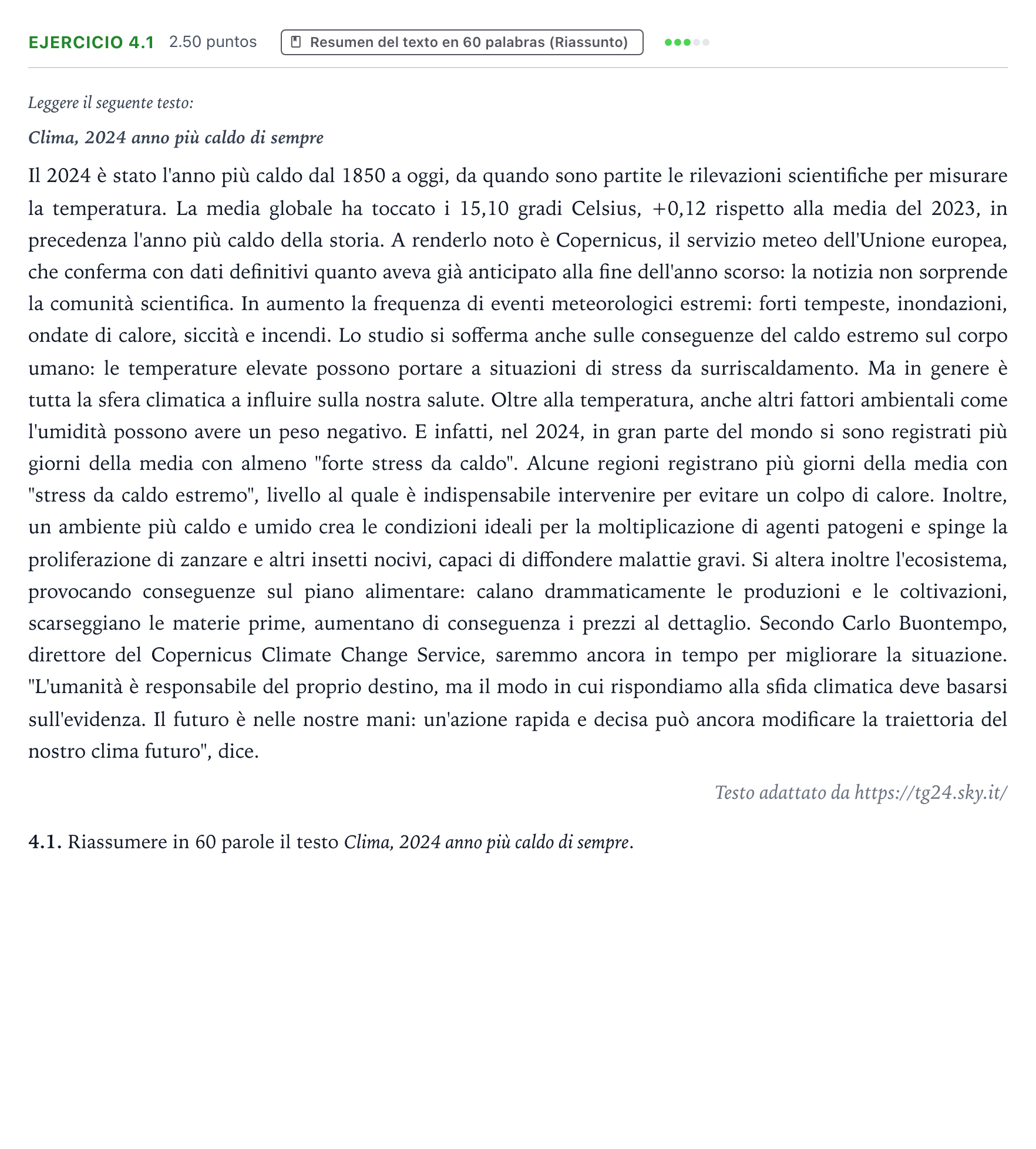 Enunciado: Ejercicio 4.1 · Italiano PAU Galicia Ordinaria 2025