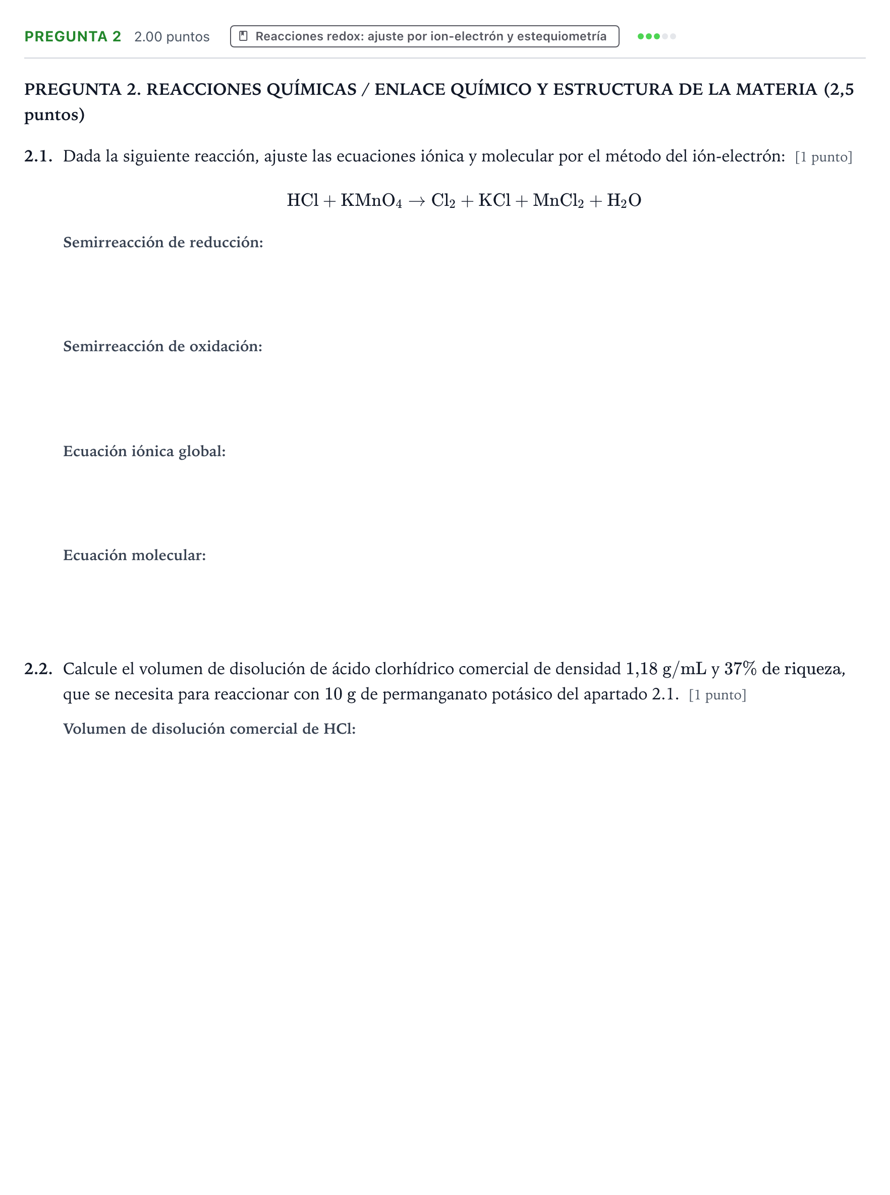 Enunciado: Pregunta 2 · Química PAU Galicia Extraordinaria 2025