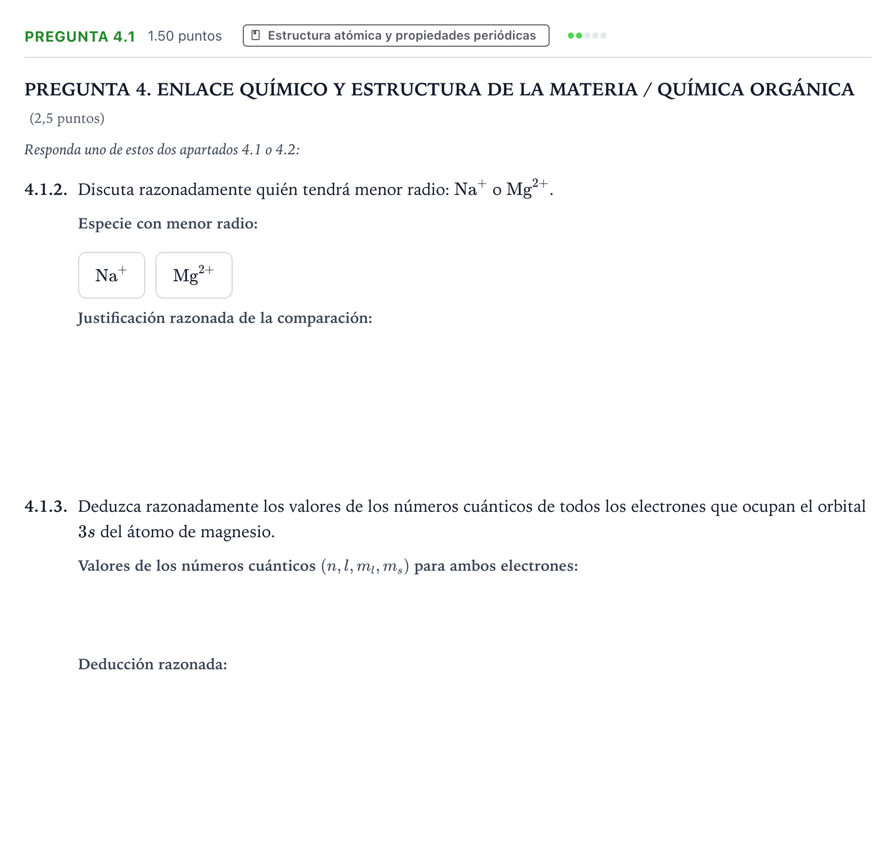 Enunciado: Pregunta 4.1 - Estructura atómica · Química PAU Galicia Extraordinaria 2025