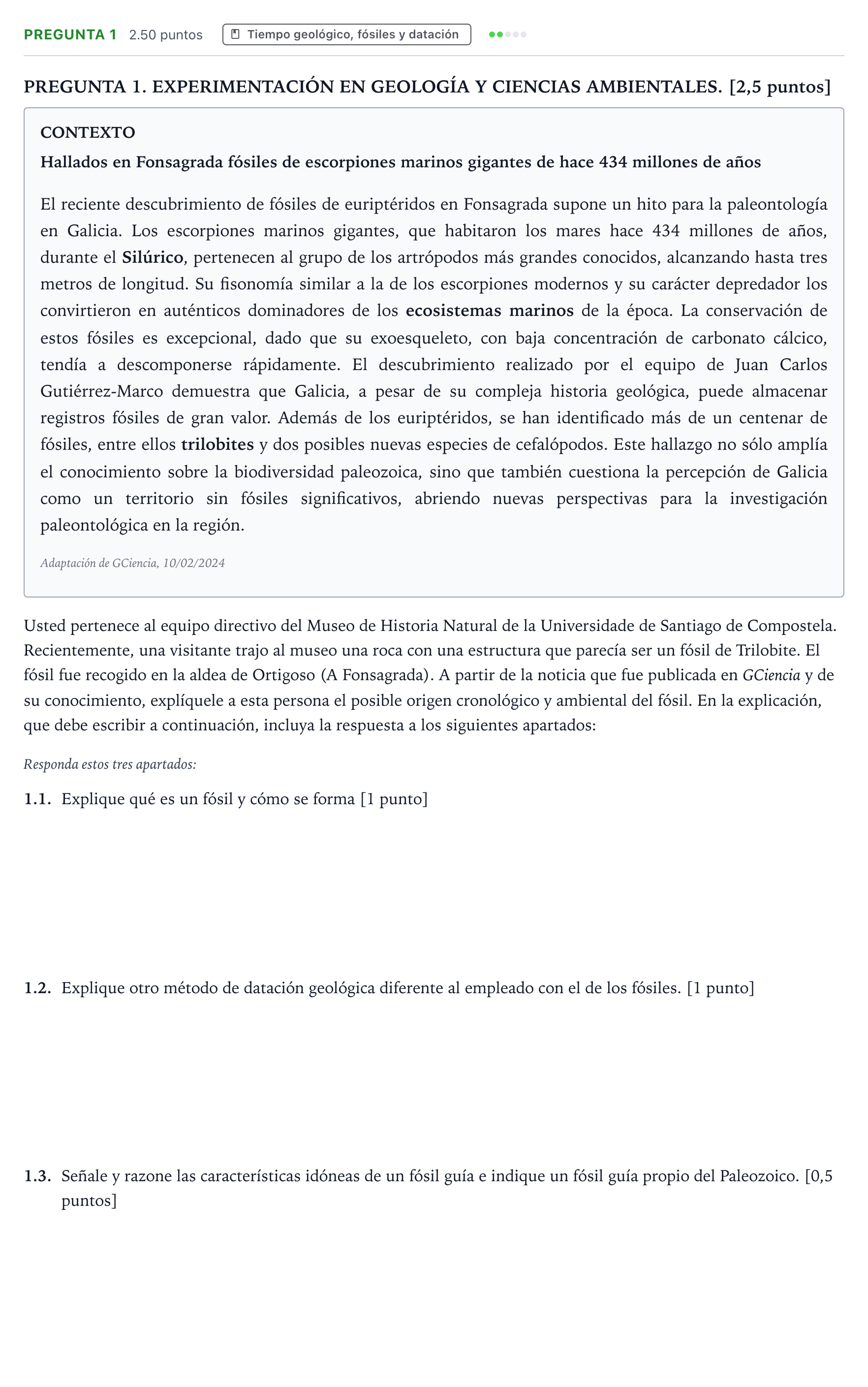 Enunciado: Pregunta 1 · Geología y Ciencias Ambientales PAU Galicia Extraordinaria 2025