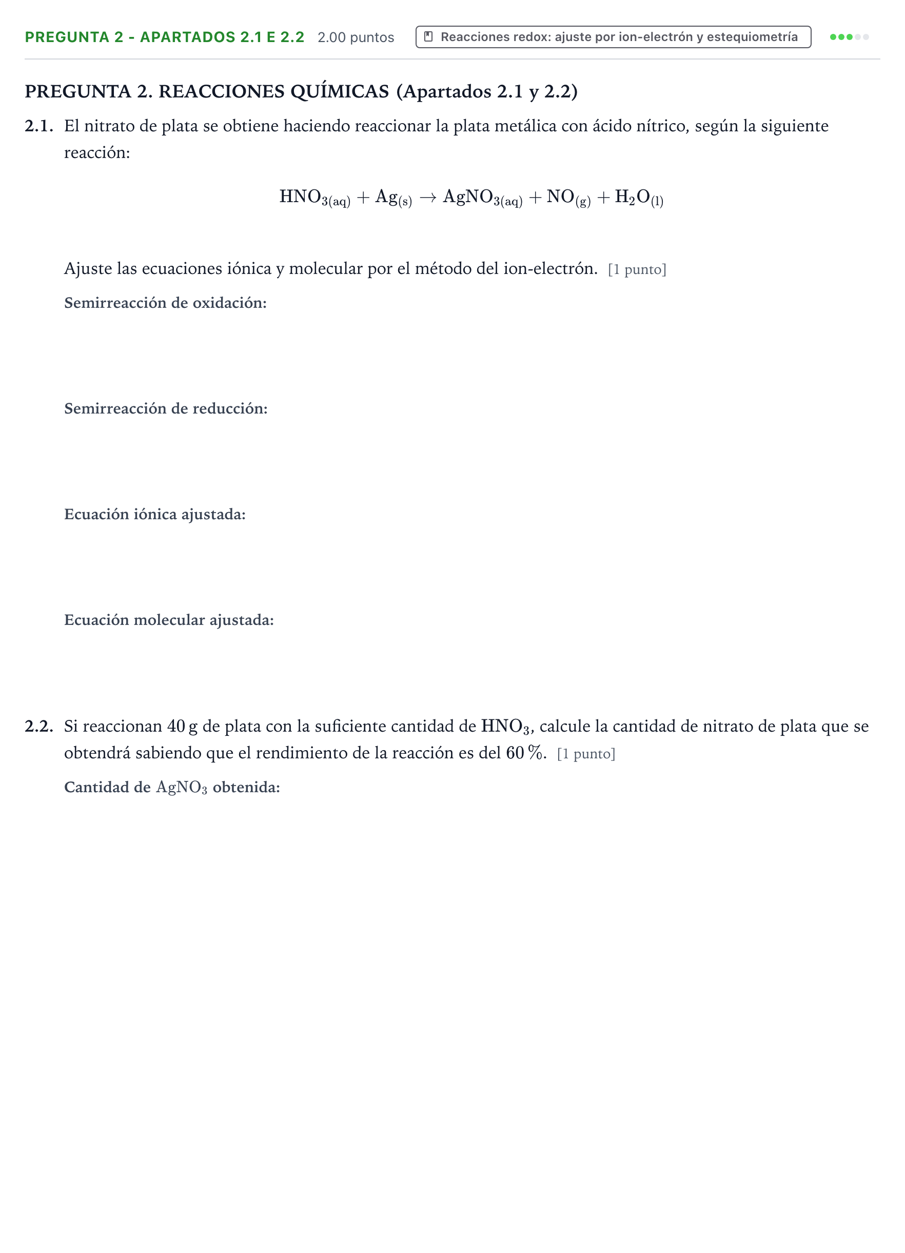 Enunciado: Pregunta 2 - Apartados 2.1 e 2.2 · Química PAU Galicia Ordinaria 2025
