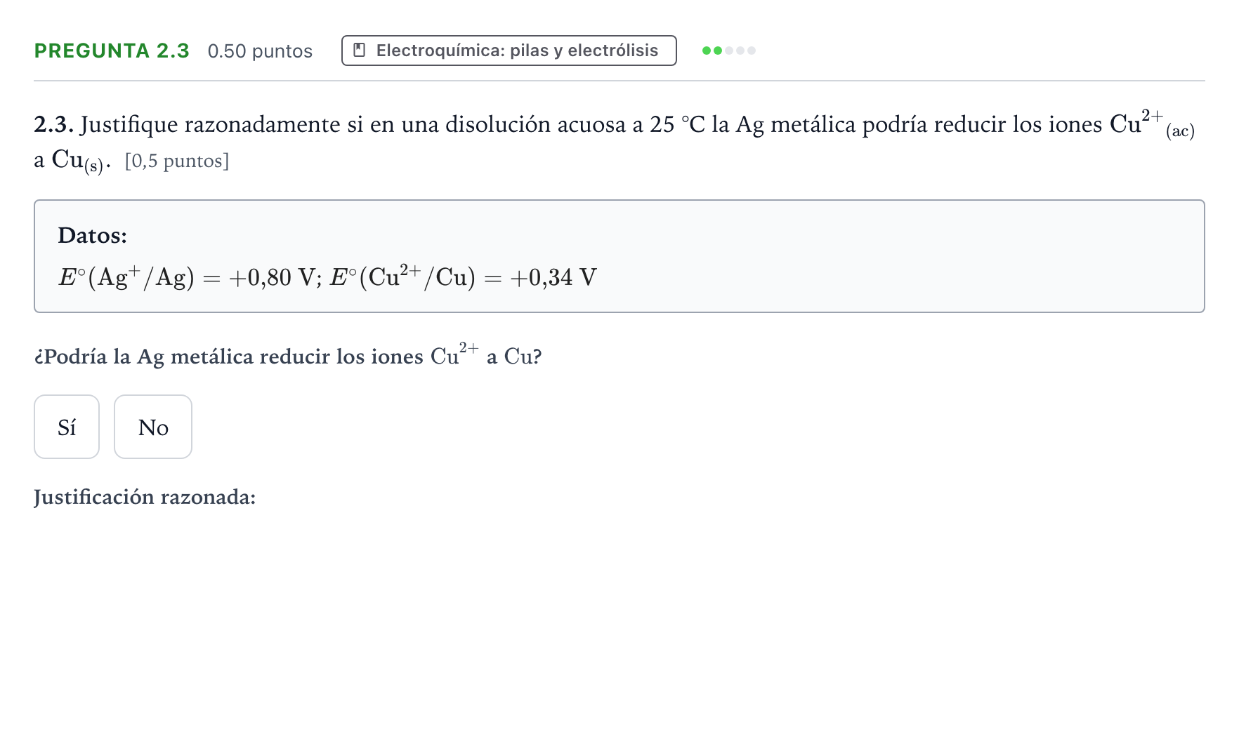Enunciado: Pregunta 2.3 · Química PAU Galicia Ordinaria 2025