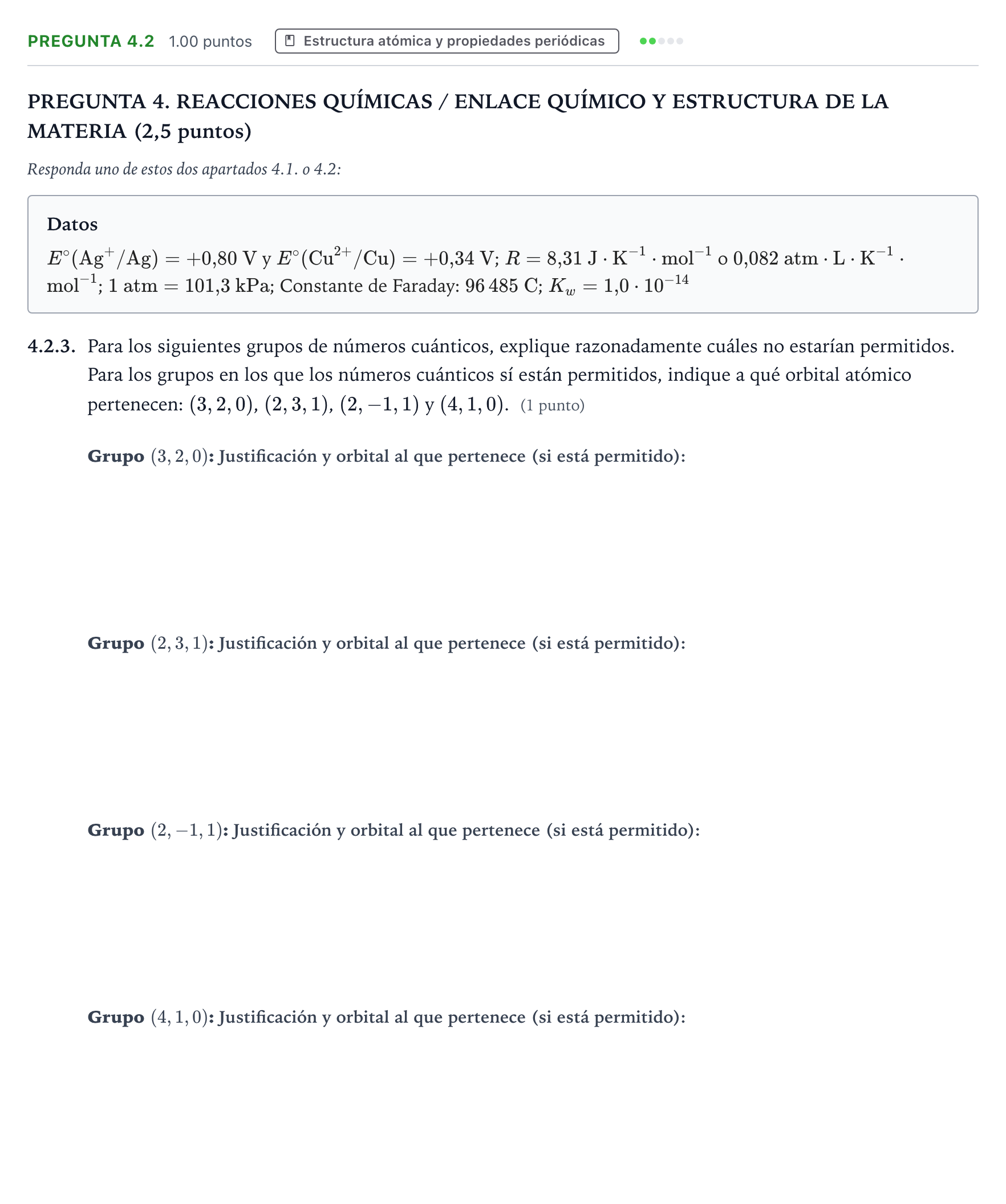 Enunciado: Pregunta 4.2 - Estructura atómica · Química PAU Galicia Ordinaria 2025