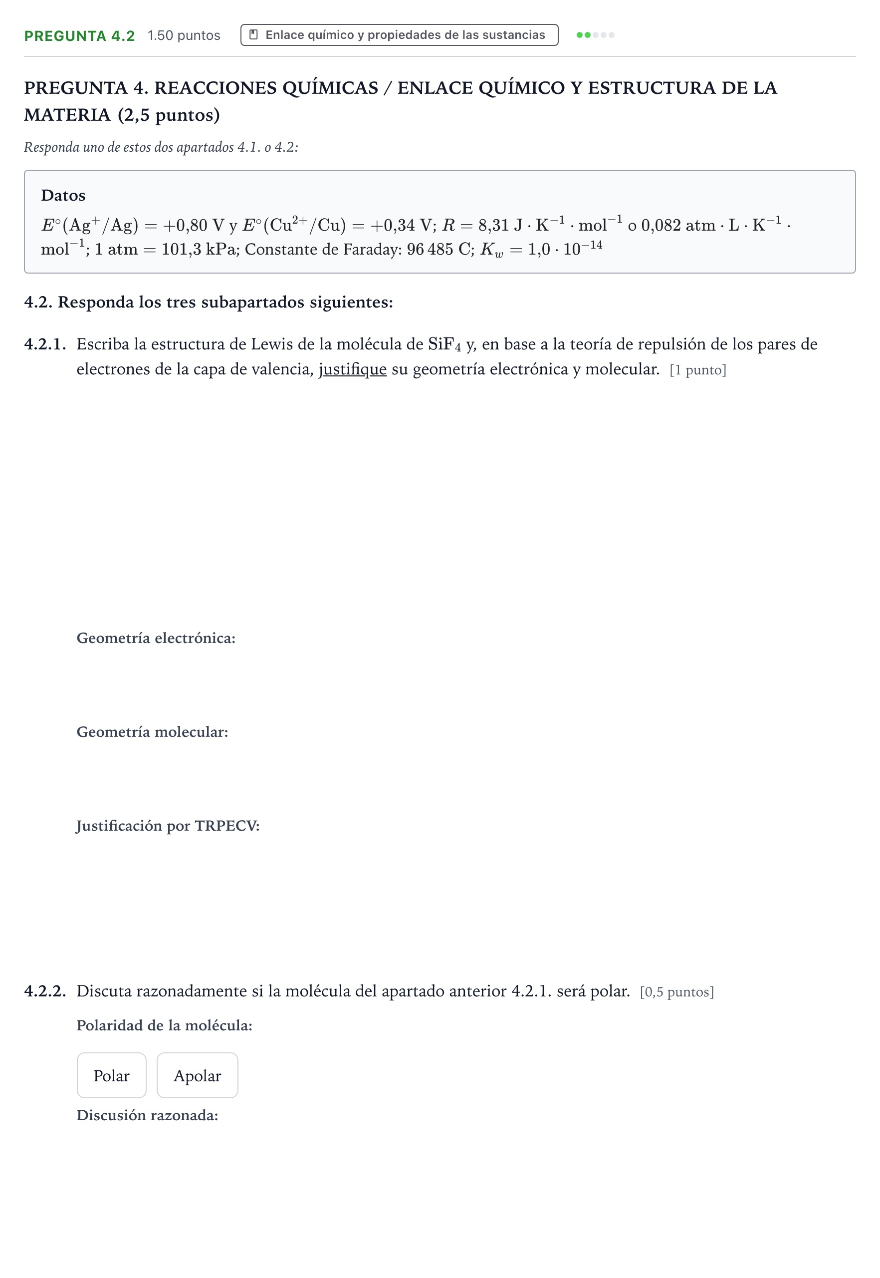 Enunciado: Pregunta 4.2 - Enlace químico · Química PAU Galicia Ordinaria 2025