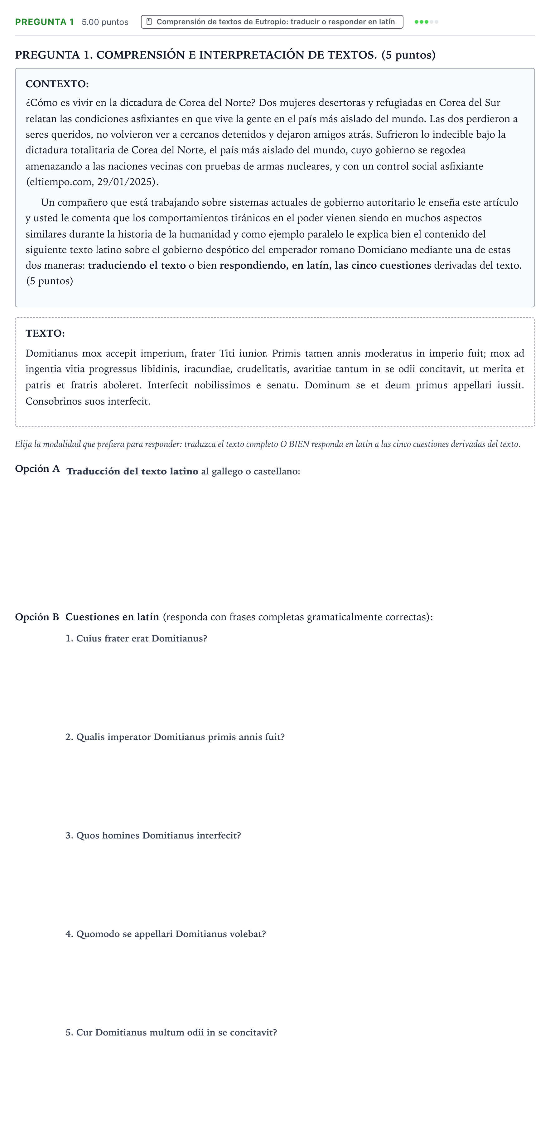 Enunciado: Pregunta 1 · Latín II PAU Galicia Ordinaria 2025
